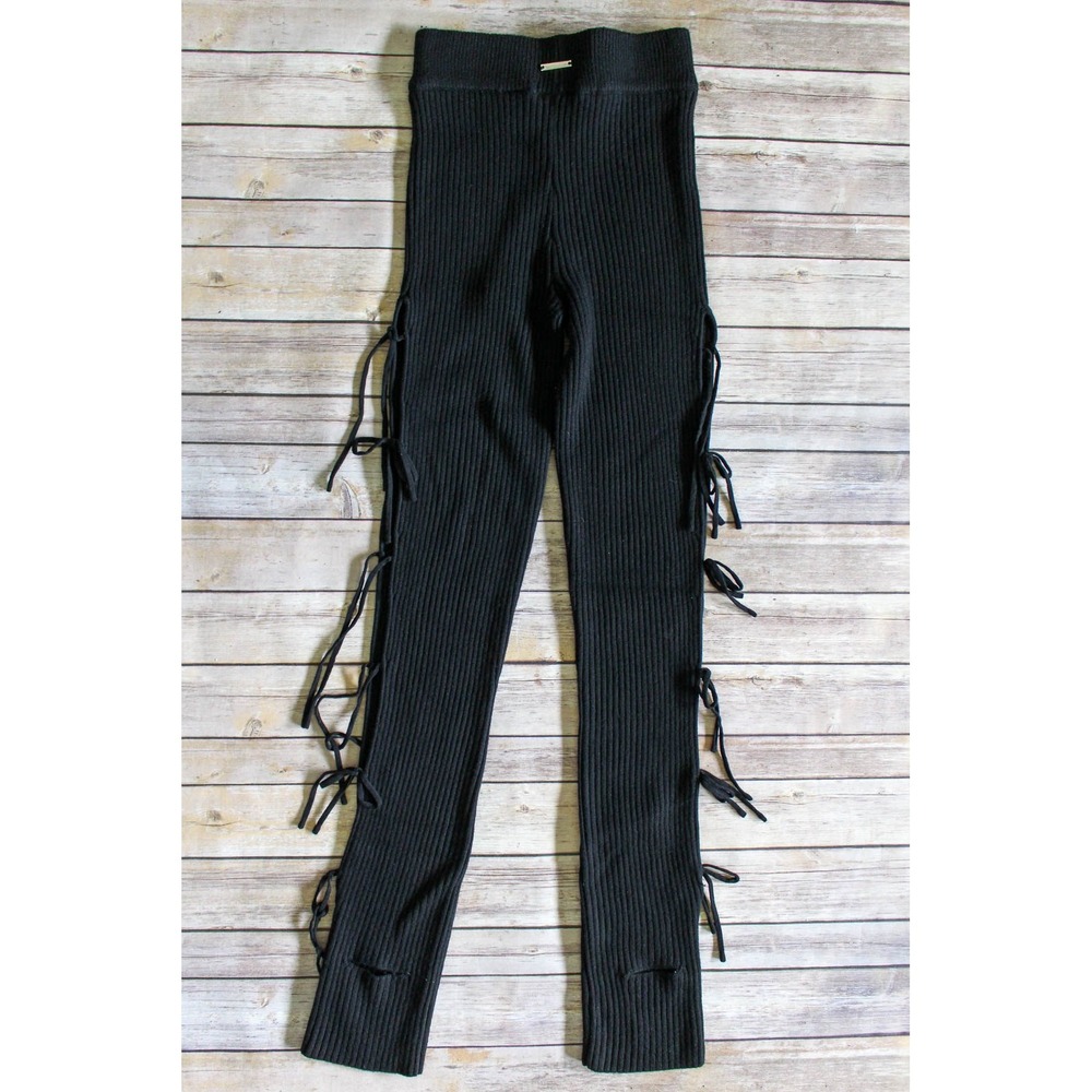 Maniere De Voir‎ Leggings Womens Small Black Ribbed Knit Side Tie Cashmere Blend - Picture 5 of 7
